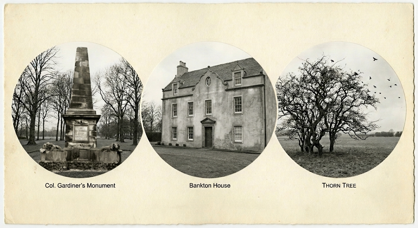 Gardiner's Monument. Bankton (Gardiner's House). Thorn Tree.